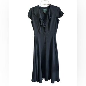 Ralph Lauren Black Silk Ruffles Fit and Flare Button Lined Midi Dress (SIZE 6P)